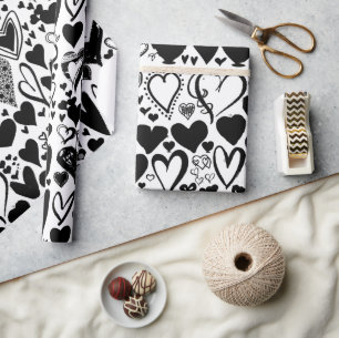 Papier Cadeau Motif des coeurs, Coeurs noirs, Noir et Blanc