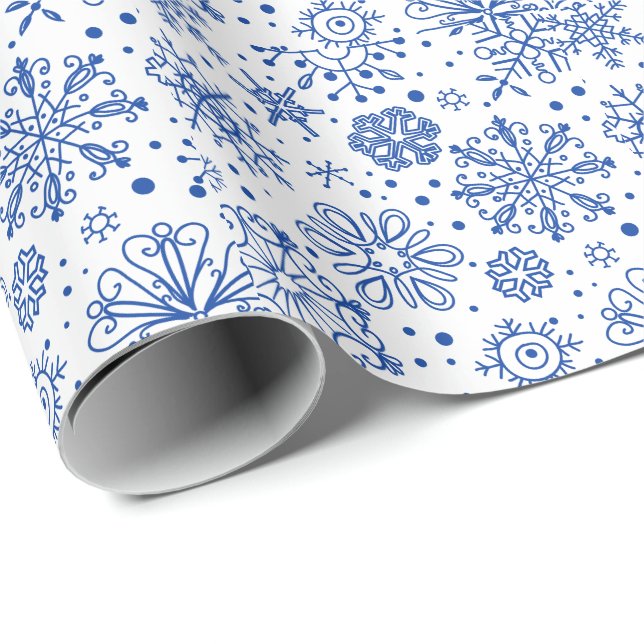 Papier Cadeau Motif des flocons de neige de Noël Abstrait bleu (Coin rond)