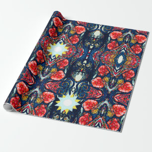 Papier Cadeau Motif des pavots et des étoiles