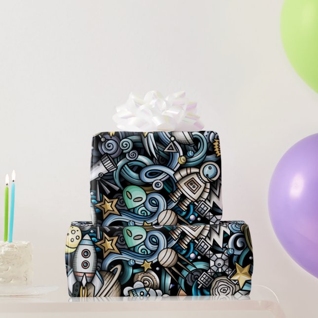 Papier Cadeau Motif d'espace rétro bleu (Cadeaux de fête)