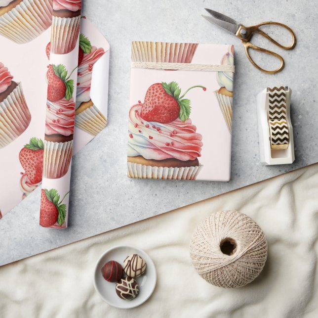 Papier Cadeau Motif dessert sucré fraise Cupcake (Artisanat)