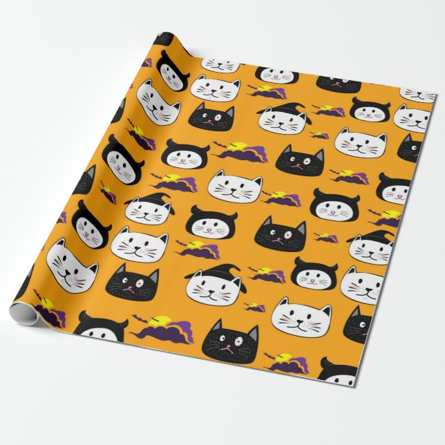 Papier Cadeau Motif d'Halloween à visage de chat mignon (Déroulé)