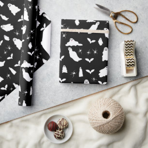 Papier Cadeau Motif d'Halloween, chauves-souris et araignées