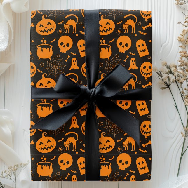 Papier Cadeau Motif d'Halloween Citrouille Crâne Fantôme Épouvan (Créateur téléchargé)