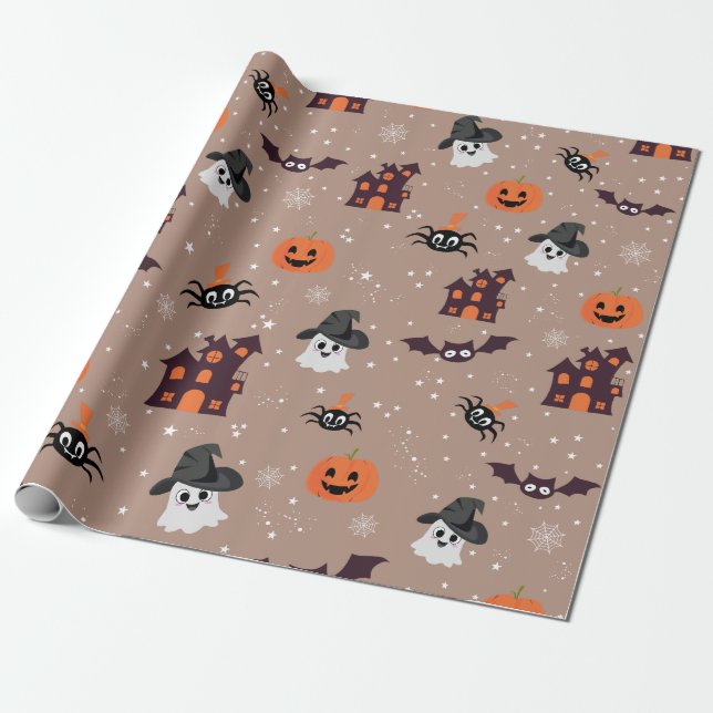 Papier Cadeau Motif d'Halloween taupe pâle (Déroulé)