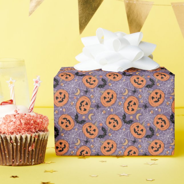 Papier Cadeau Motif d'Halloween violet Jack-O-lanterne (Fête d'anniversaire)