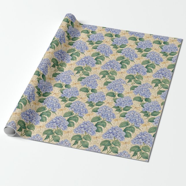 Papier Cadeau Motif d'hortensia Art Nouveau avec libellules (Déroulé)