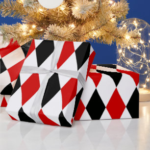 Papier Cadeau Motif diamant arlequin rouge blanc noir