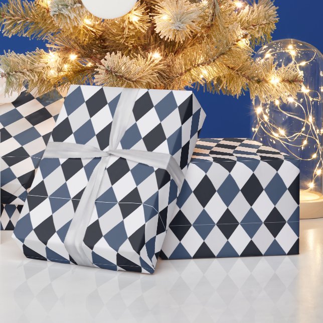 Papier Cadeau Motif diamant gris et blanc arlequin (Vacances)