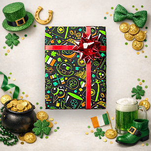 Papier Cadeau Motif d'icône irlandaise de faux néon pour la Sain