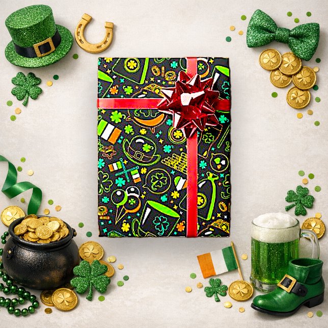Papier Cadeau Motif d'icône irlandaise de faux néon pour la Sain (Créateur téléchargé)