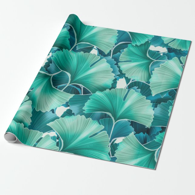 Papier Cadeau Motif d'illustration de ginkgo biloba vert (Déroulé)