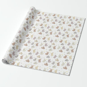 Papier Cadeau Motif d'illustration de lapin mignon et de fleurs