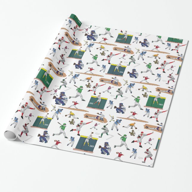 Papier Cadeau Motif d'illustrations des joueurs de baseball (Déroulé)