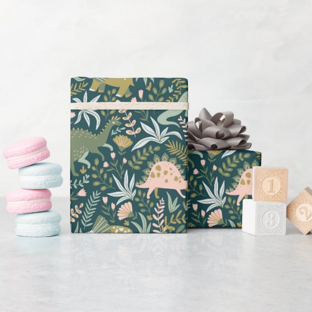 Papier Cadeau Motif Dinosaur Vert (Baby Shower)