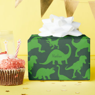 Papier Cadeau Motif Dinosaure Vert avec nom d'enfant