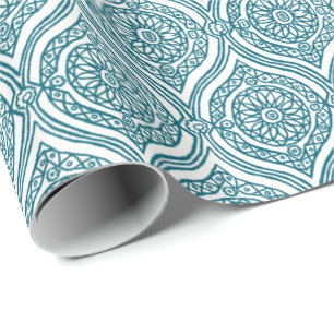 Papier Cadeau Motif d'oignon ethnique chic en Turquoise sur blan