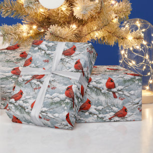 Papier Cadeau Motif d'oiseau cardinal rouge en hiver enneigé