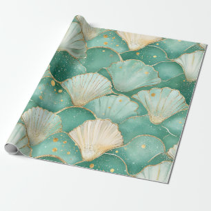 Papier Cadeau Motif d'onde Gold Sea Shell dans Aqua Turquoise