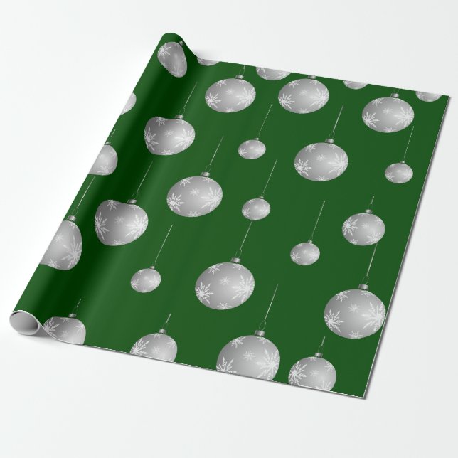 Papier Cadeau Motif d'ornement de Noël vert et argent (Déroulé)
