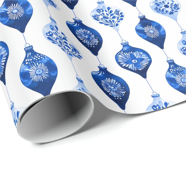Papier Cadeau Motif d'ornement de vacances bleu (Coin rond)
