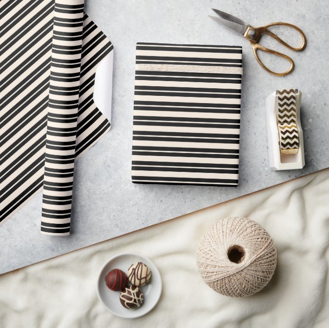 Papier Cadeau Motif double bande de crème noire et amande (Artisanat)
