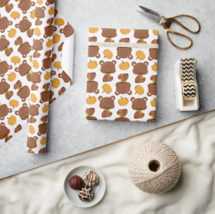 Papier Cadeau Motif D'Ours, Ours Mignons, Automne, Citrouille