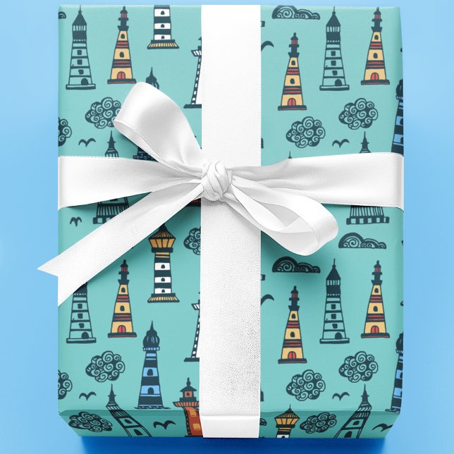 Papier Cadeau Motif du phare de Cute | Bleu clair (Créateur téléchargé)