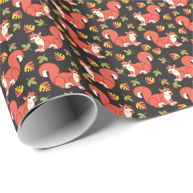 Papier Cadeau Motif écureuil et feuille d'automne (Coin rond)