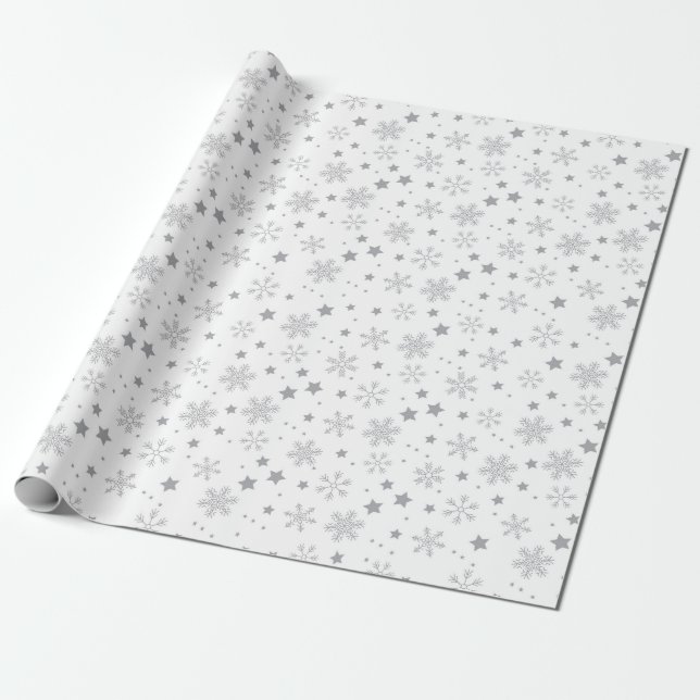 Papier Cadeau Motif élégant de flocons de neige gris (Déroulé)