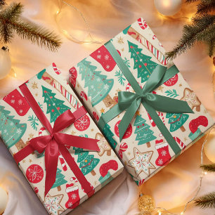 Papier Cadeau Motif élégant de Noël aux éléments traditionnels