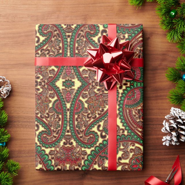 Papier Cadeau Motif élégant de paisley victorien rouge vert or (Créateur téléchargé)