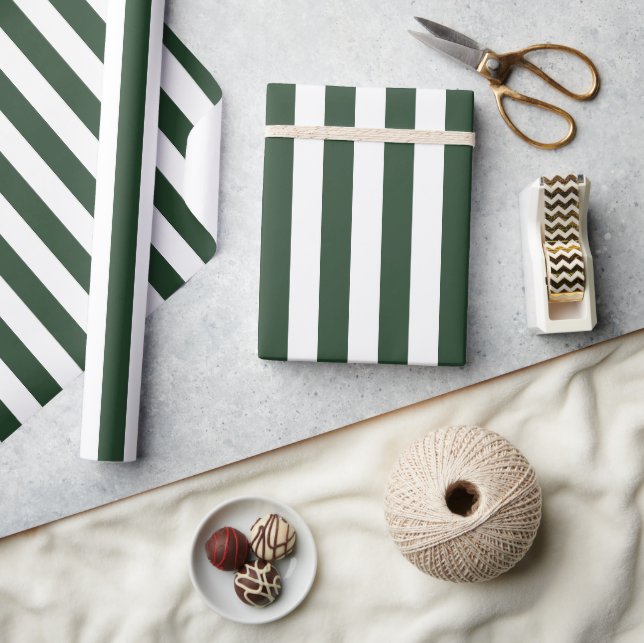 Papier Cadeau Motif élégant rayé vert chasseur et blanc (Artisanat)