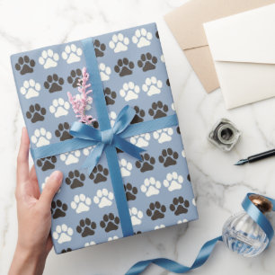Papier Cadeau Motif Empreinte de Patte Argent Bleu