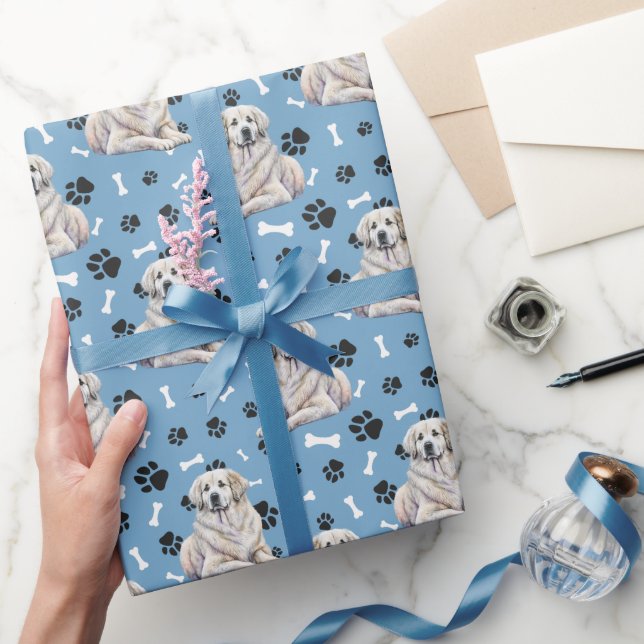 Papier Cadeau Motif Empreinte de patte des Pyrénées sur Bleu (Cadeaux)