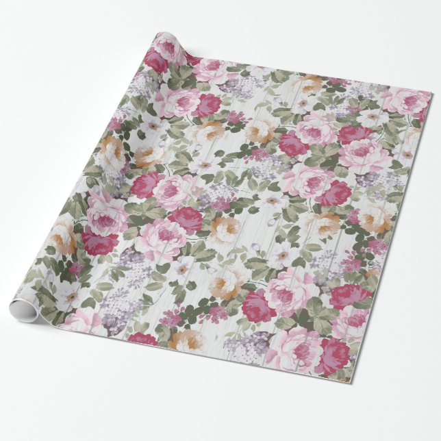 Papier Cadeau Motif en bois blanc rustique floral vintage de (Déroulé)