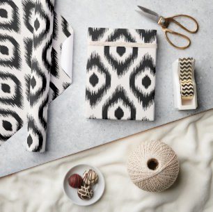 Papier Cadeau Motif en ivoire noir chic élégant d'Ikat de