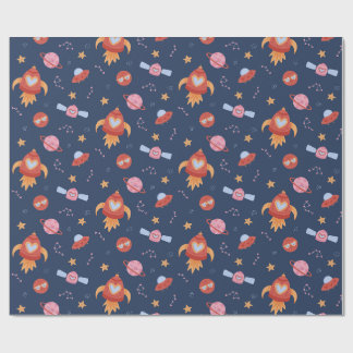 Papier Cadeau Motif Espace Enfants avec Fusées & Planètes