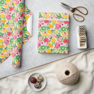 Papier Cadeau Motif Estival Aquarelle de Fruits Tropicaux