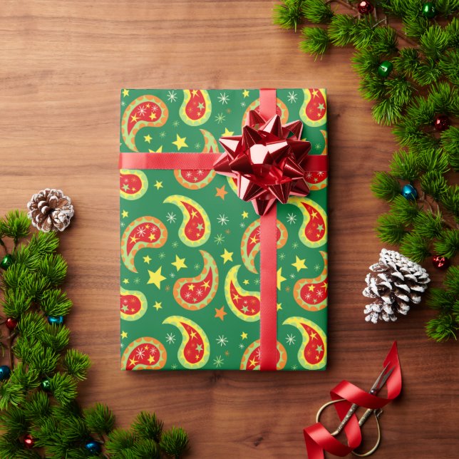 Papier Cadeau Motif étoile Paisley vert, rouge et jaune (Cadeau de vacances)