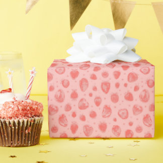 Papier Cadeau motif fantaisiste de fraise sur fond rose