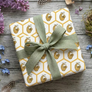 Papier Cadeau Motif fantaisiste de ruche jaune et de bourdon