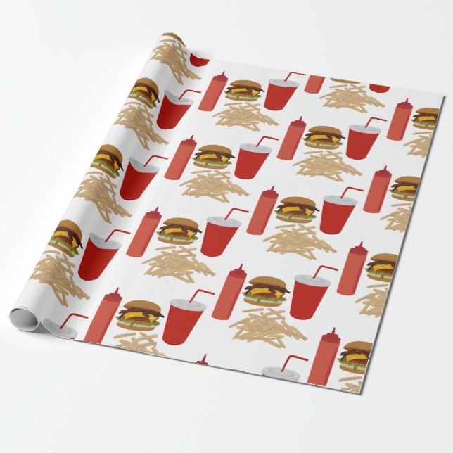 Papier Cadeau Motif Fast Food Burger Fries (Déroulé)