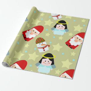 Papier Cadeau motif festif avec anges, Père Noël et bonhomme de