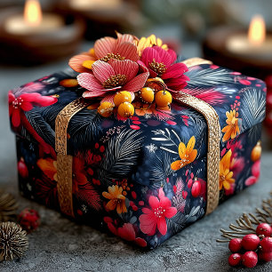 Papier Cadeau Motif festif de Noël Floral et Pin dans des tons c
