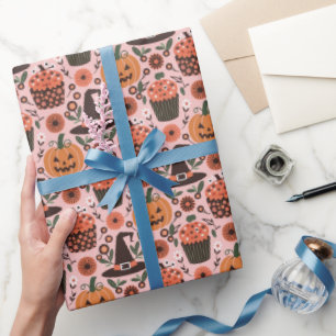 Papier Cadeau Motif festif d'Halloween   Sorcières, Citrouille, 
