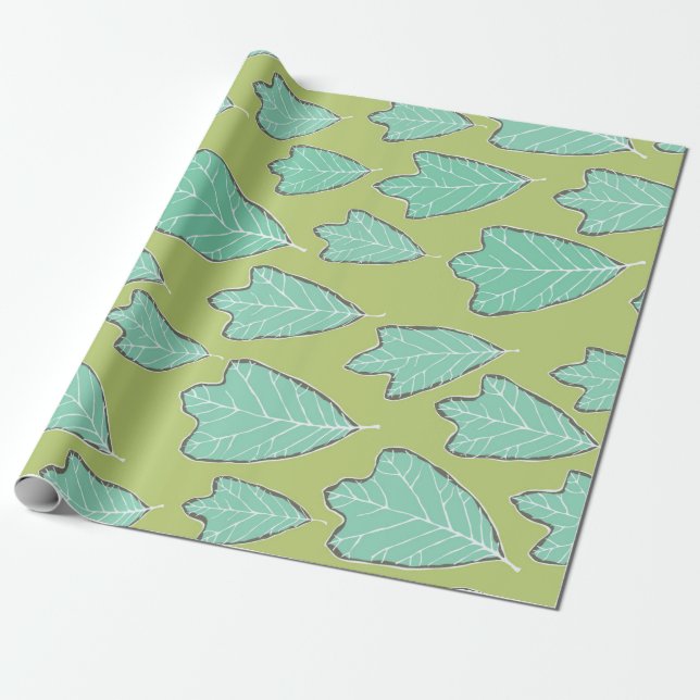Papier Cadeau Motif Feuille contemporain Aqua et chêne vert (Déroulé)