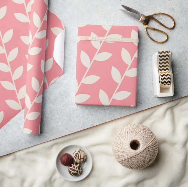 Papier Cadeau Motif Feuille rétro les années 70 rose personnalis (Artisanat)