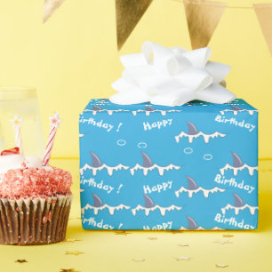 Papier Cadeau Motif Fin Requin Joyeux Anniversaire Bleu