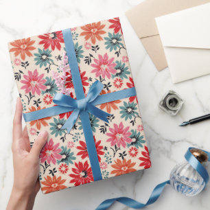 Papier Cadeau Motif Fleur Rétro Rouge Orange Bleu
